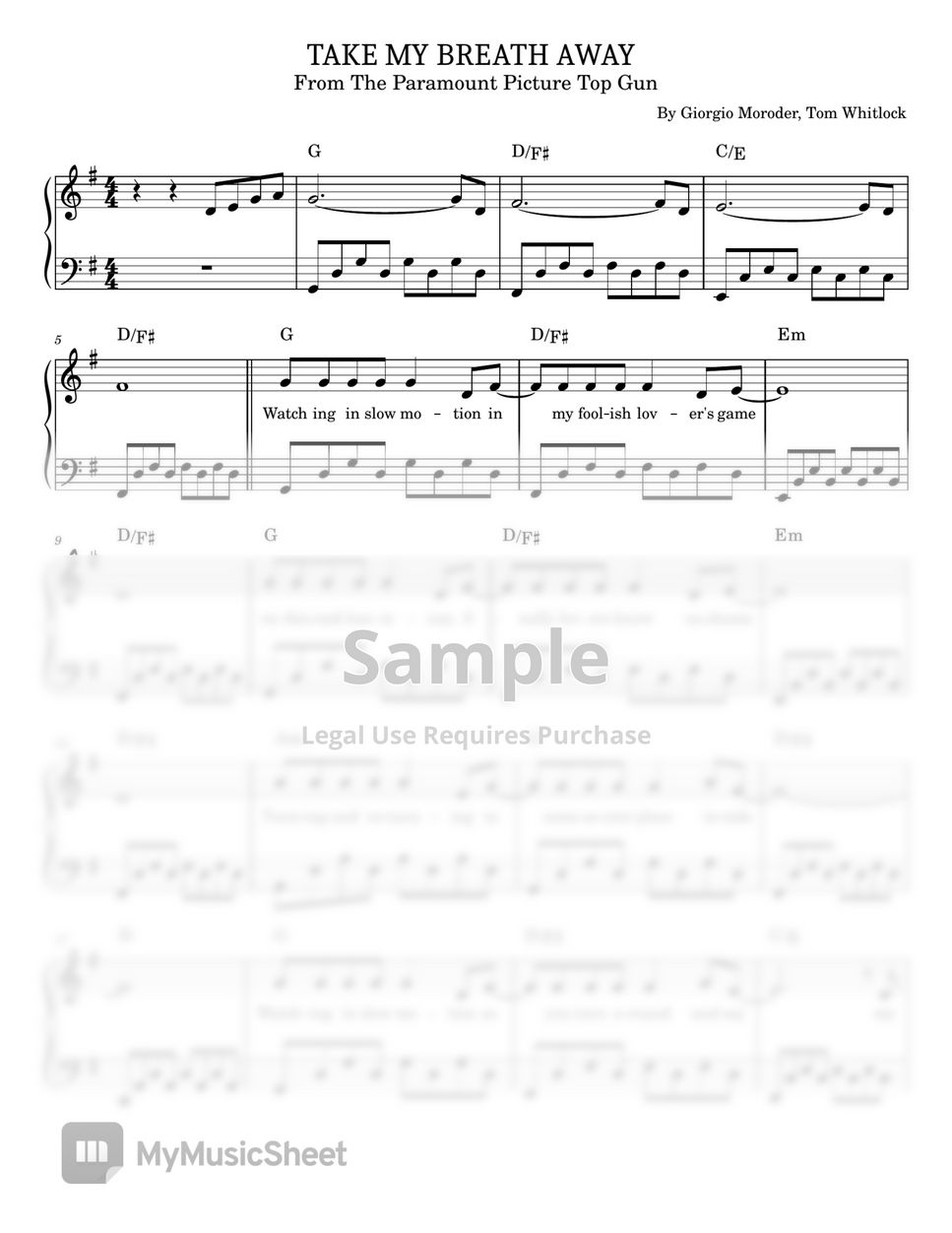 Moroder, Tom Whitlock TAKE MY BREATH AWAY (For Easy Piano