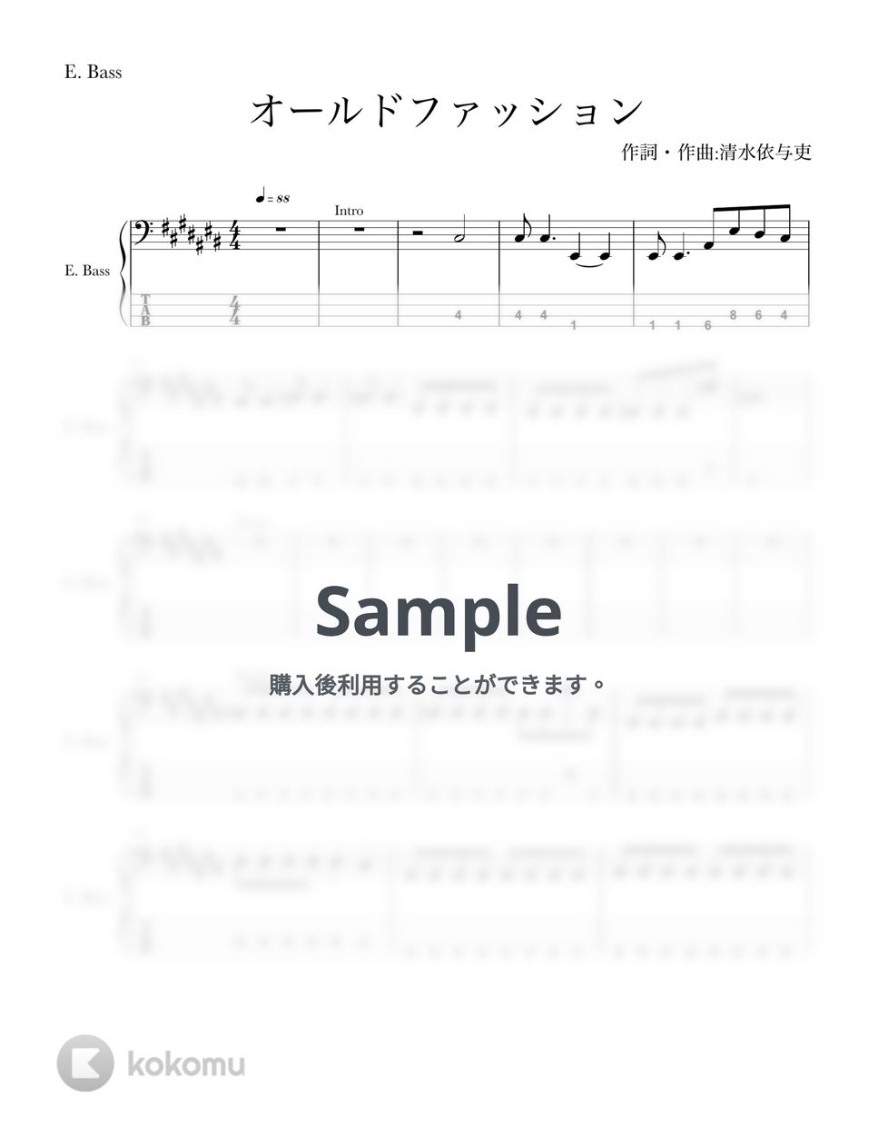 back number - オールドファッション (４弦ベースTAB譜、A4用紙5枚分) by G's score