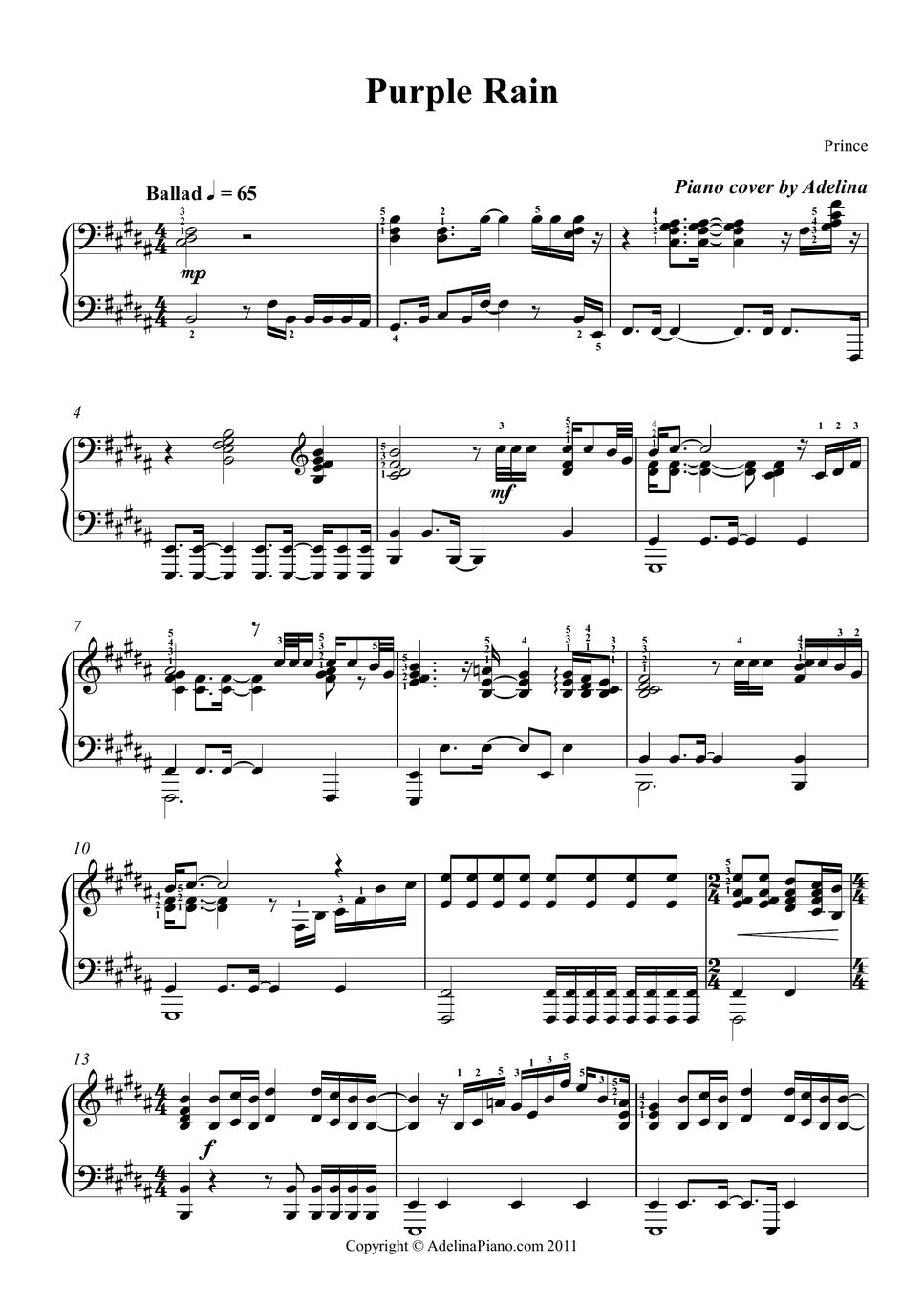 Prince Purple Rain Sheet by Adelina Piano