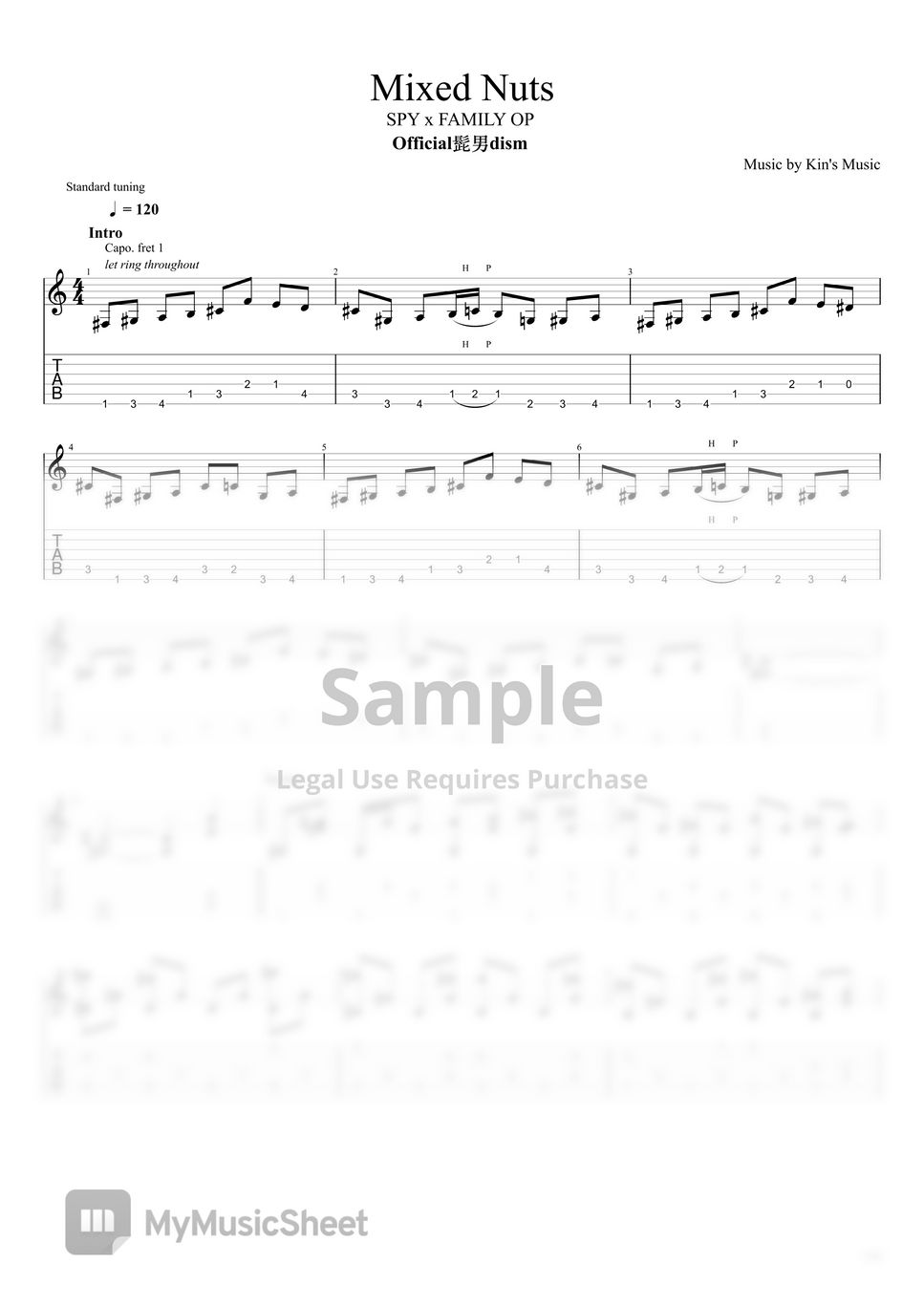 Official髭男dism Mixed Nuts [Easy Guitar Fingerstyle For Beginner] แผ่น