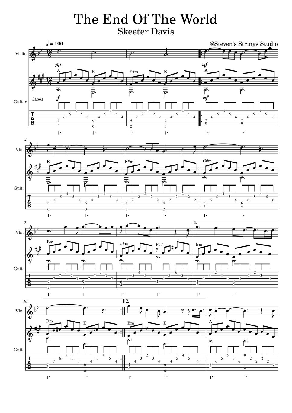Skeeter davis the end of the world violin guitar duet sheets by