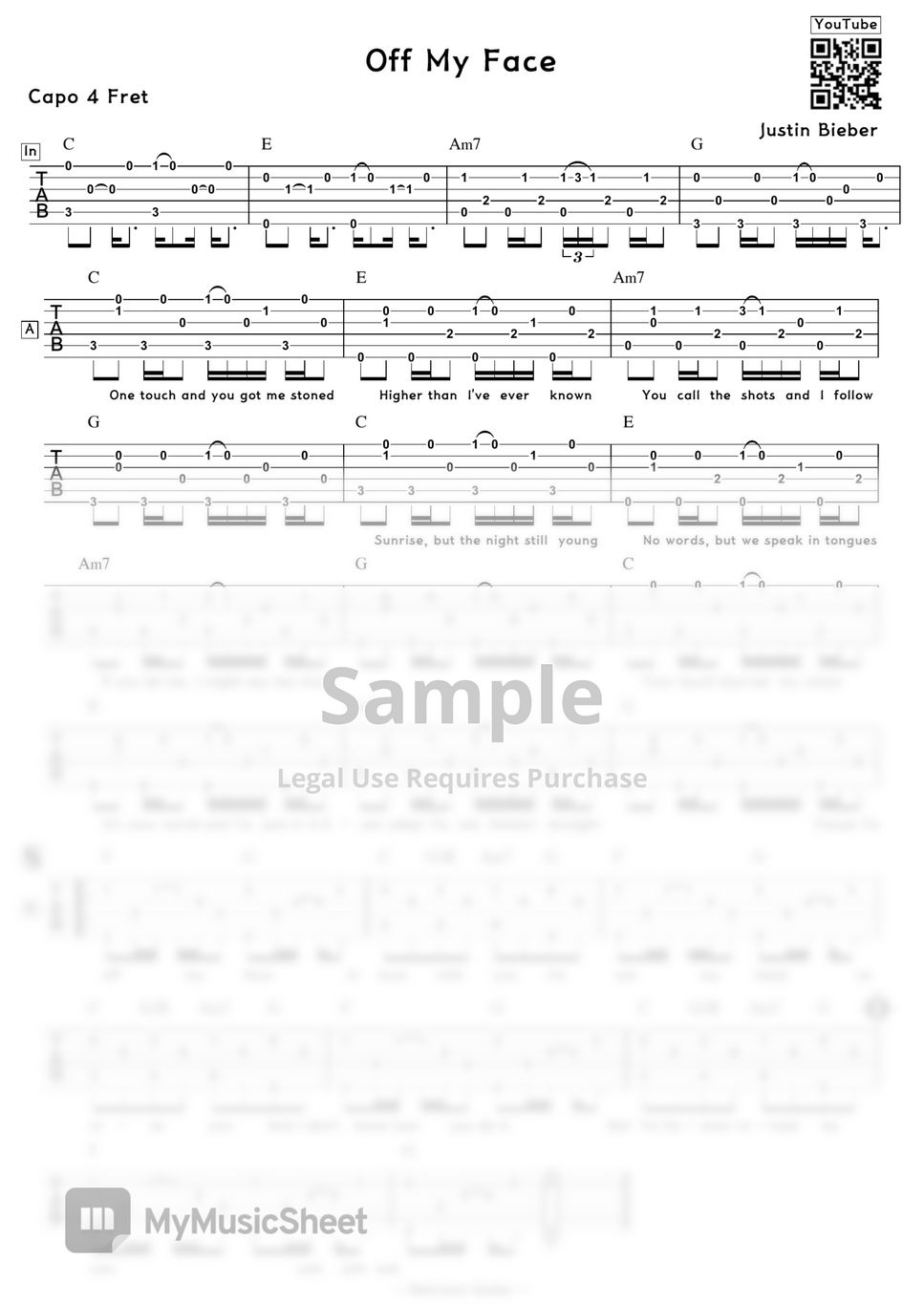 Justin bieber off my face sheets by delicious guitar