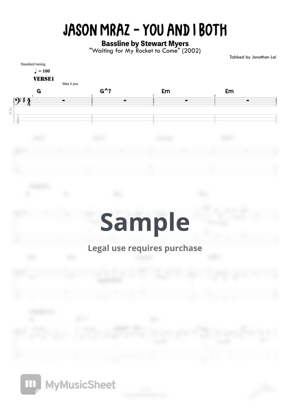 Jason Mraz - You and I Both (Bass Guitar Score) by Jonathan Lai