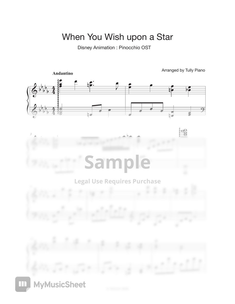 Disney animation ‘Pinocchio’ Ost. - When You Wish upon a Star (3 Sheet Music) by Tully Piano