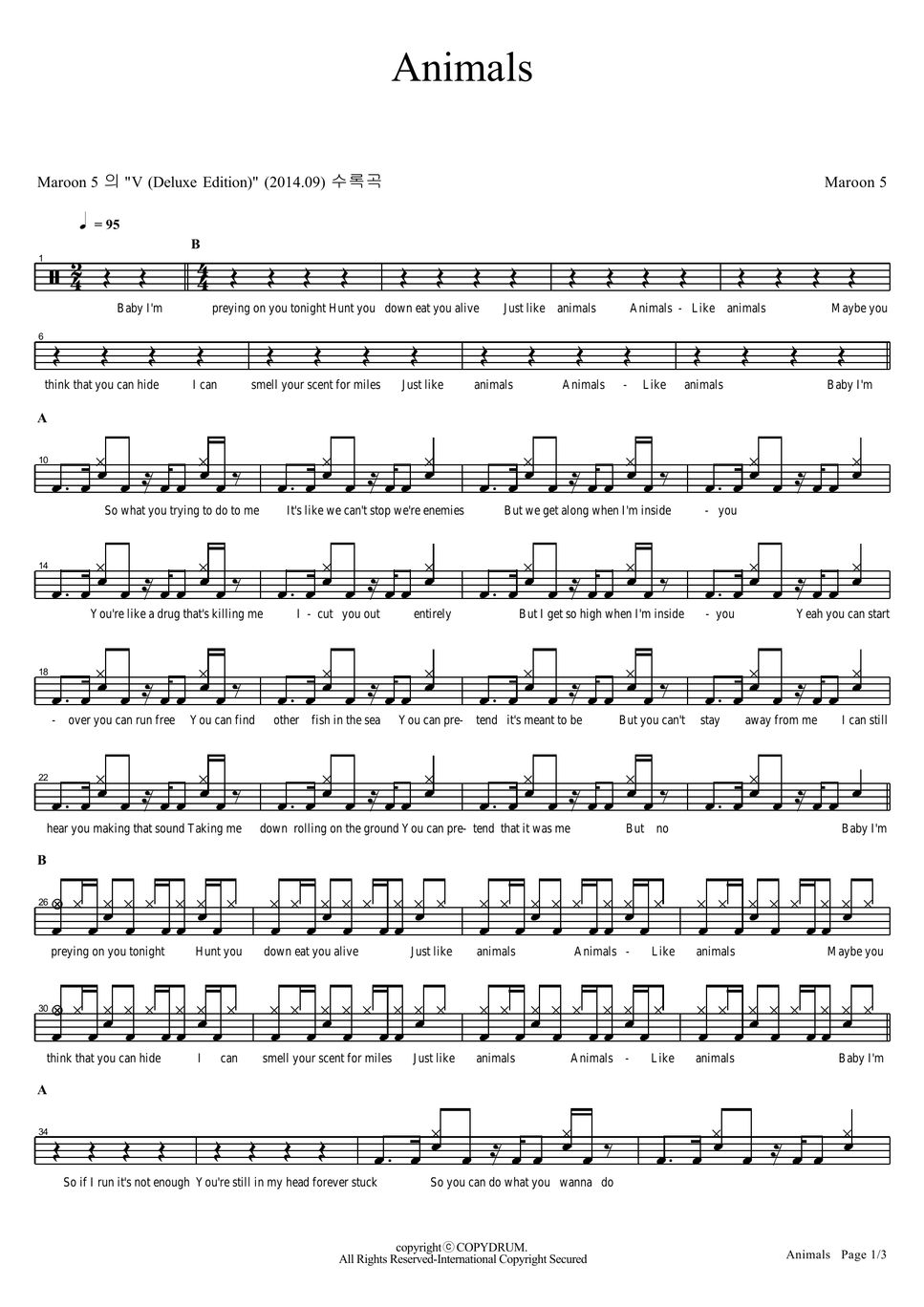 Maroon 5 Animals Sheets by COPYDRUM