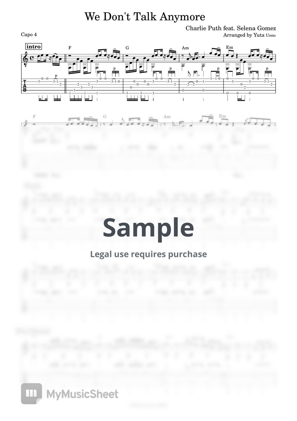 Charlie Puth We Dont Talk Anymore Fingerstyle Tab 단선 악보 By Yuta Ueno 