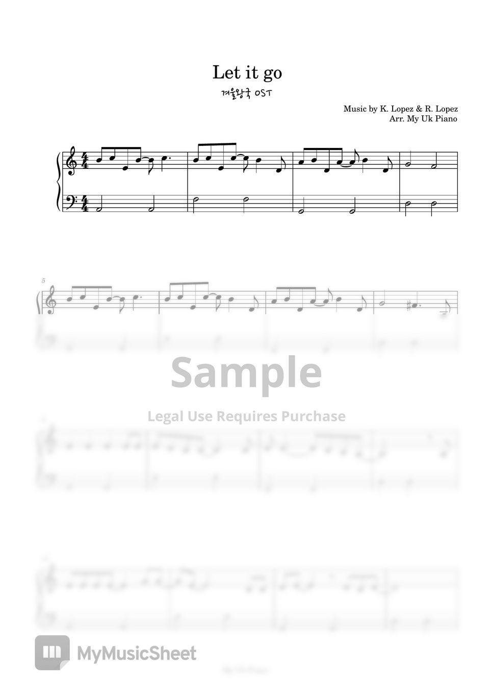 겨울왕국 OST Let it go (겨울왕국 OST) (쉬운피아노악보) Sheets by My Uk Piano