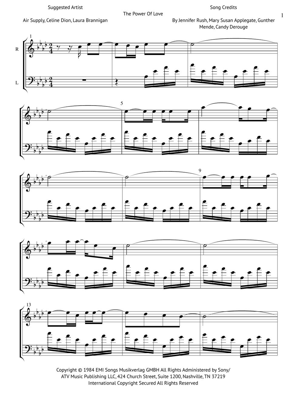 Celine Dion - Power Of Love Sheets by Piano Go Life