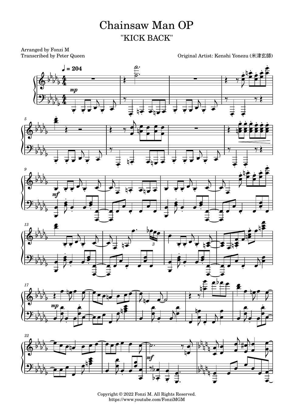 Kenshi Yonezu (米津玄師) Chainsaw Man OP "KICK BACK" Sheets by Fonzi M