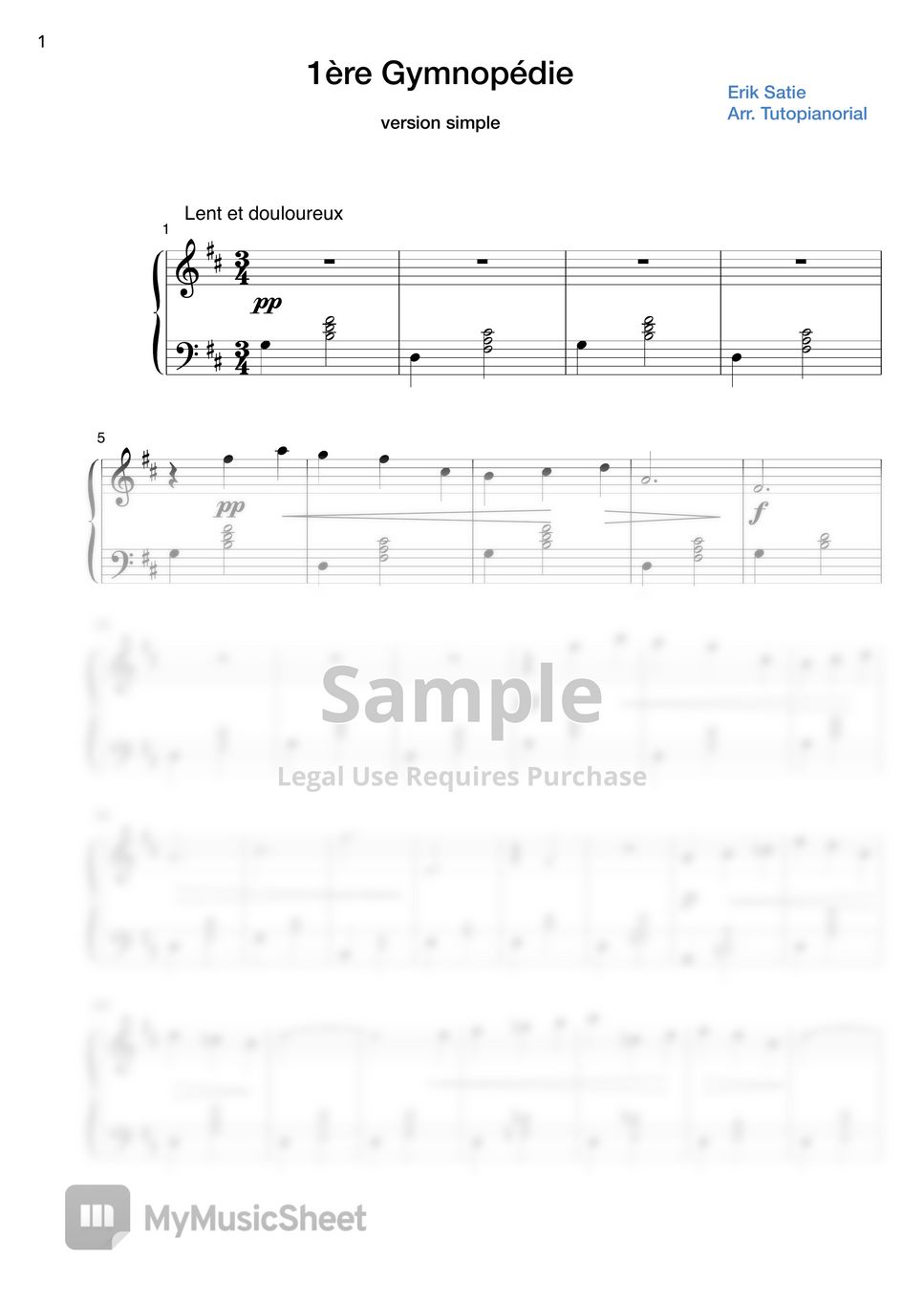 Erik Satie - Gymnopédie No.1 version simple (original inclus) Sheets by ...