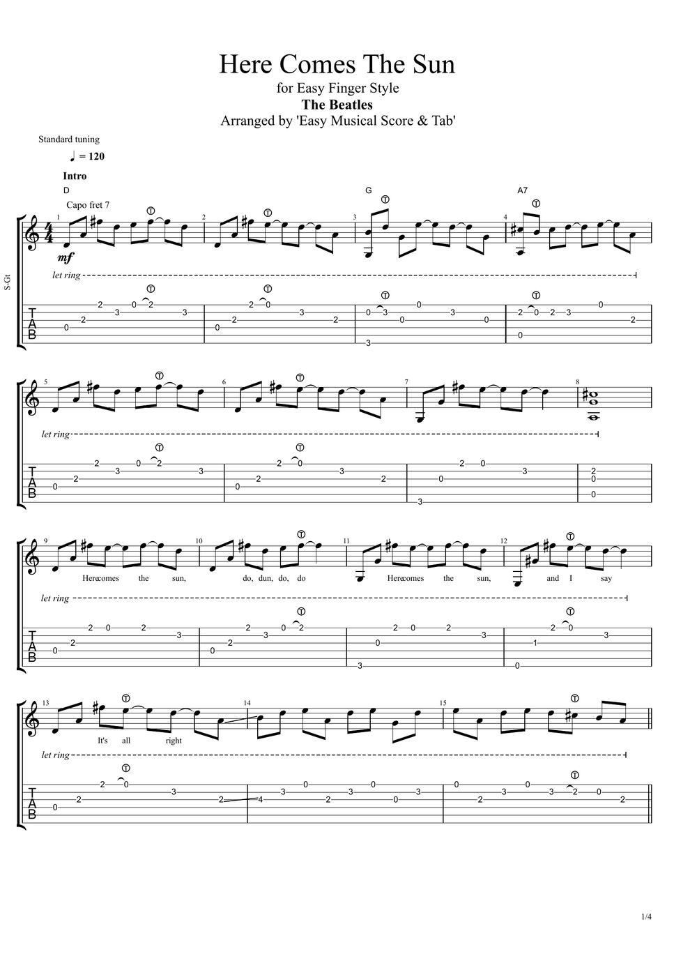 The Beatles Here Comes The Sun Tab For Easy Finger Style Tab Staff By Easy Musical Score