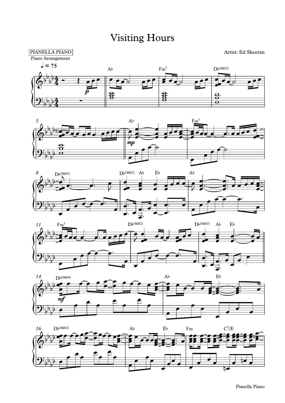 Ed Sheeran Visiting Hours (Piano Sheet) 樂譜 by Pianella Piano
