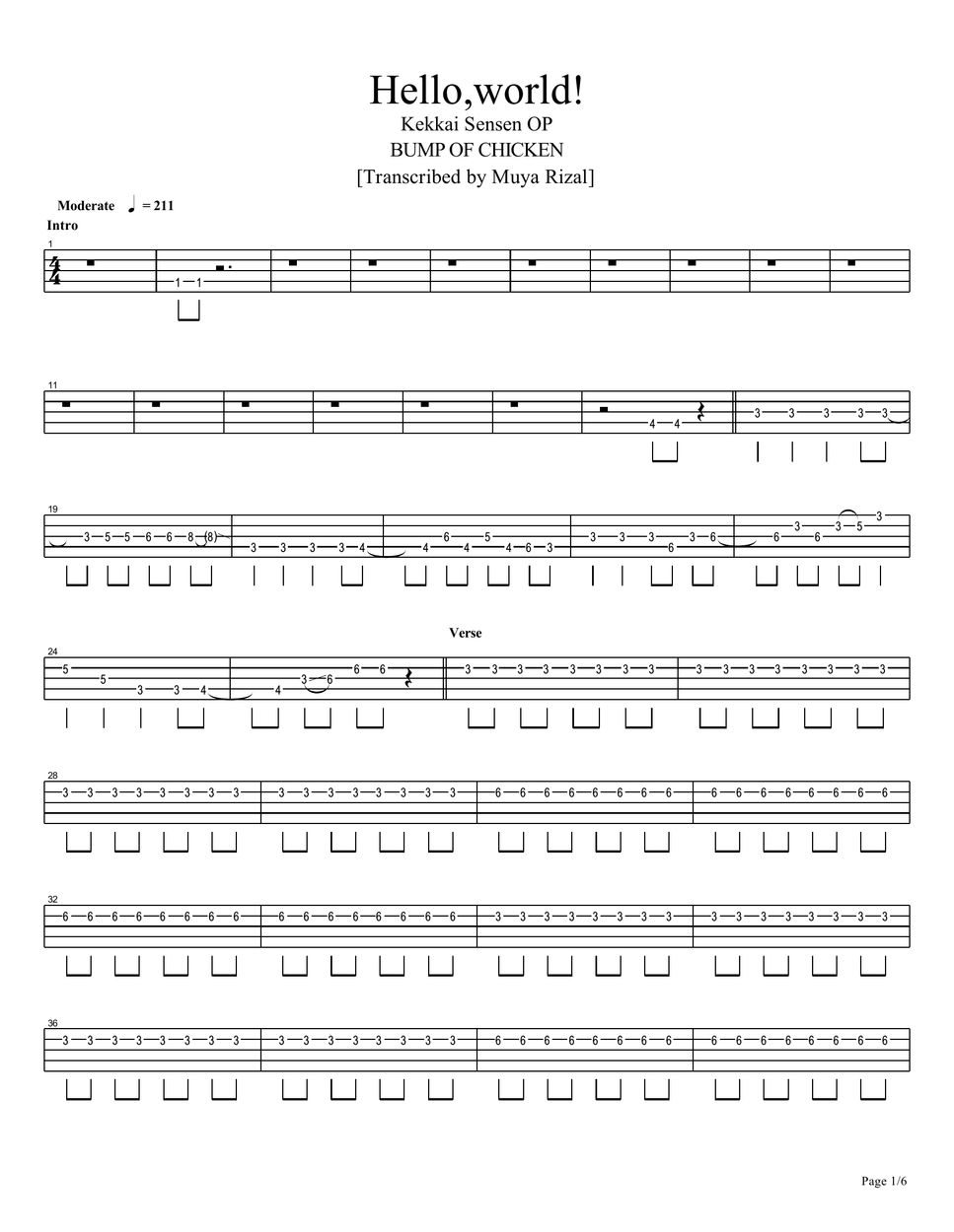 BUMP OF CHICKEN - Hello, world! (Bass TAB) Sheets by Muya Rizal