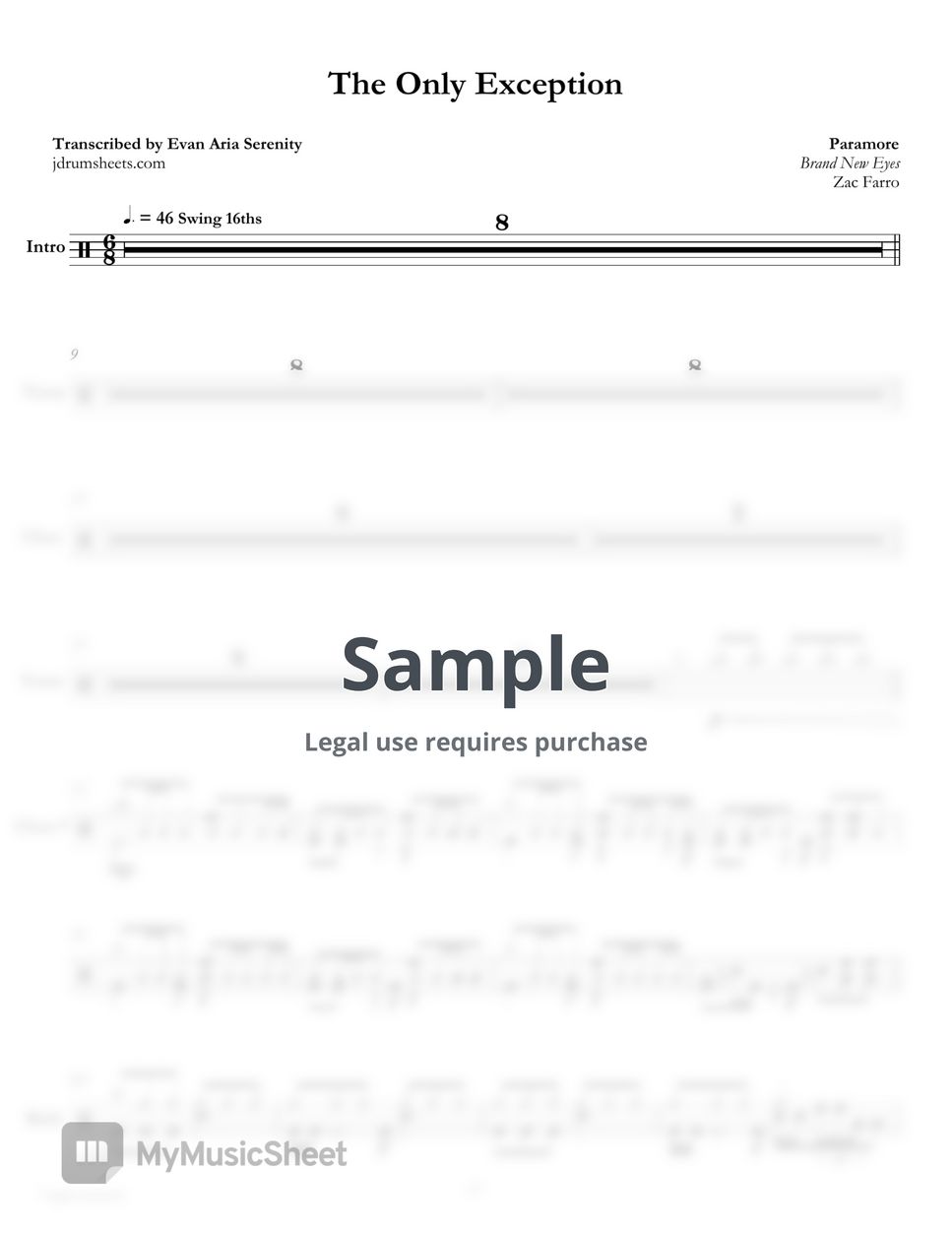 Paramore - The Only Exception by Jaslow Drum Sheets