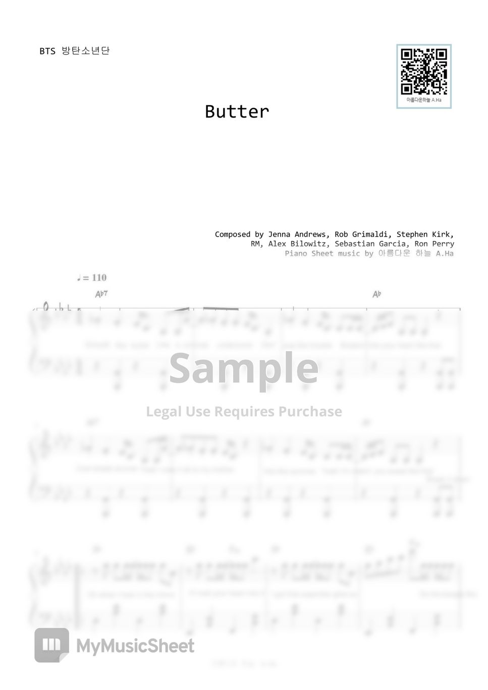 BTS(방탄소년단) Butter (Original Key) 악보 by A.Ha