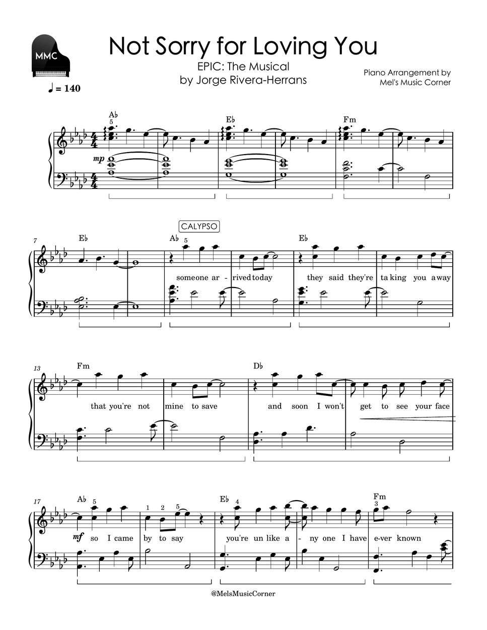 Jorge Rivera-Herrans - Not Sorry for Loving You (piano sheet music) by Mel&#x27;s Music Corner