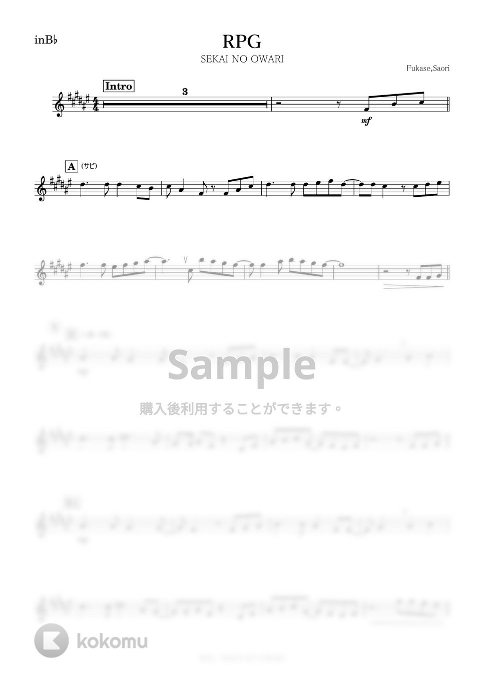 SEKAI NO OWARI - RPG (B♭) by kanamusic