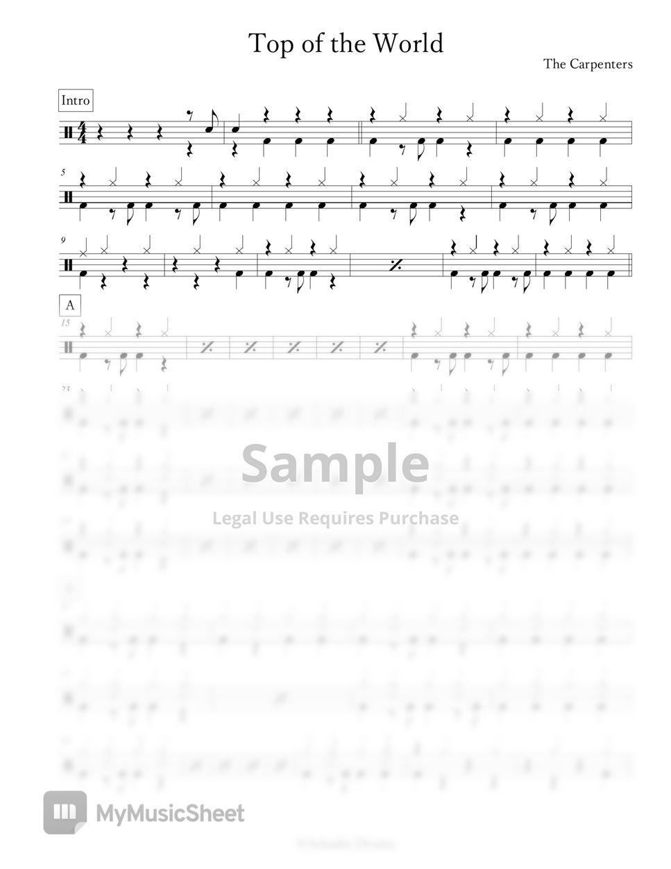 The Carpenters Top of the World Sheets by Arkadia Drums