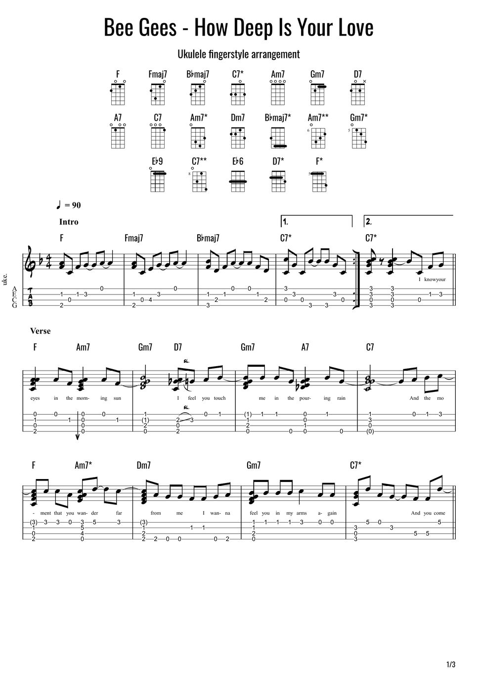 Bee gees how deep is your love fingerstyle sheet by vasko ukulele