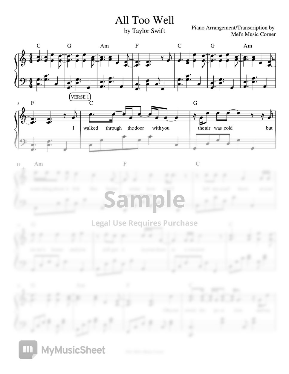 Taylor Swift - All Too Well (piano sheet music) by Mel's Music Corner