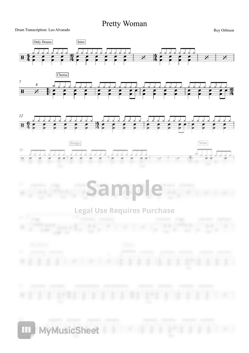 Roy Orbison Pretty Woman Sheets by Drum Transcription Leo Alvarado