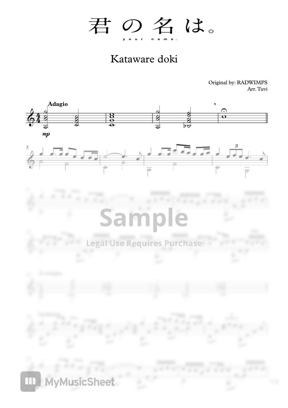Radwimps - kataware doki (Classical guitar/Guitar cover) by Tuvi_guitar