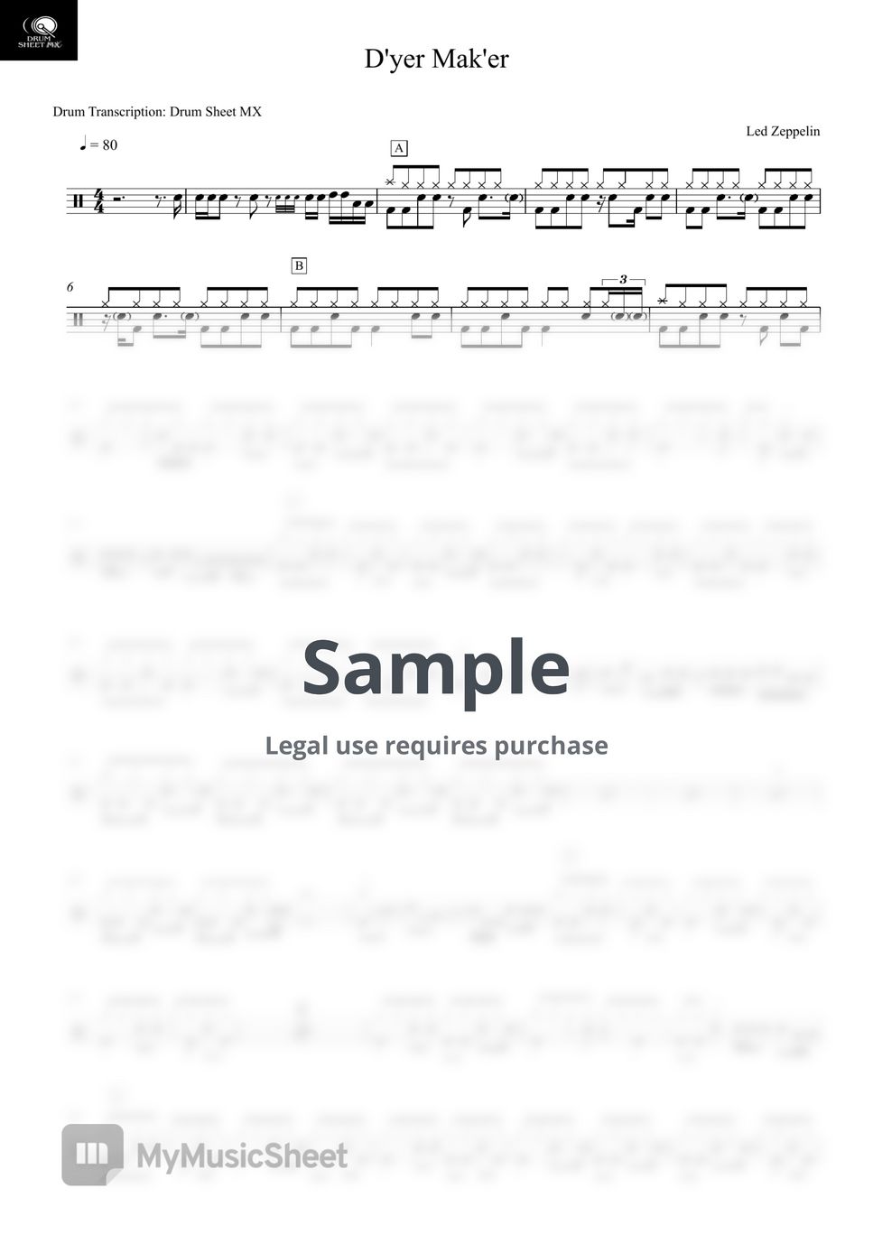 Led Zeppelin - D'yer Mak'er by Drum Transcription: Drum Sheet MX