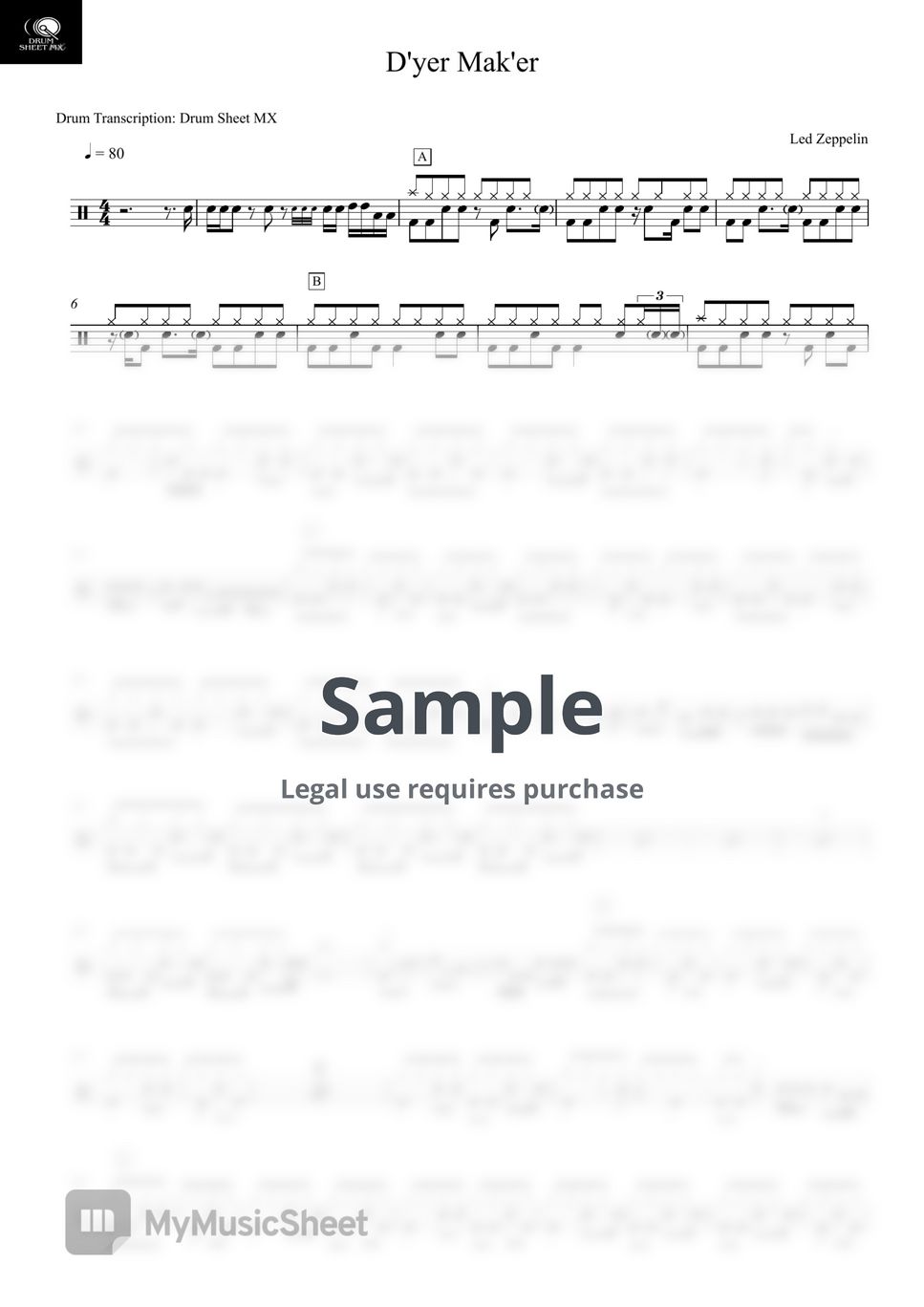 Led Zeppelin - D'yer Mak'er Sheets by Drum Transcription: Drum Sheet MX