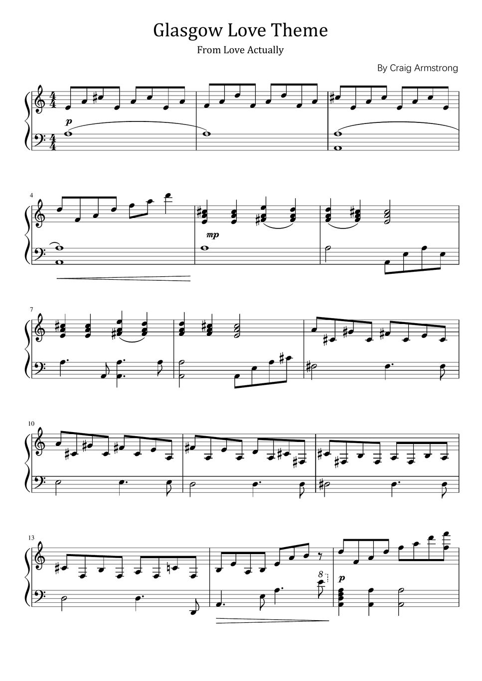 Craig Armstrong Glasgow Love Theme From Love Actually For Piano Solo Sheet By Poon