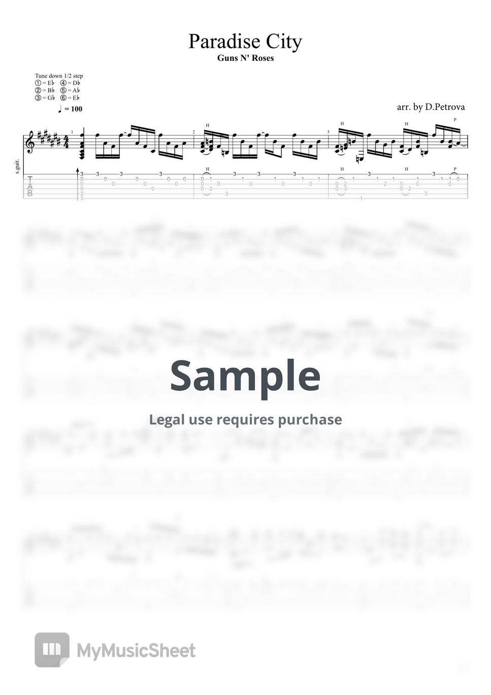 Guns N' Roses - Paradise City (Fingerstyle Guitar Arrangement, No Capo, Half-Step Tuning) by D.Petrova (Edora)