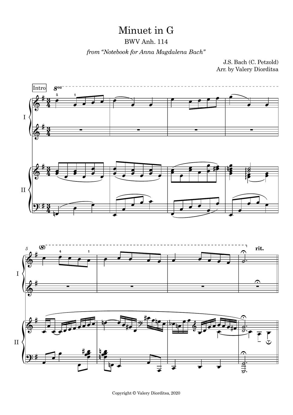 J s bach minuet in g major no 4 for four hands sheets by valery