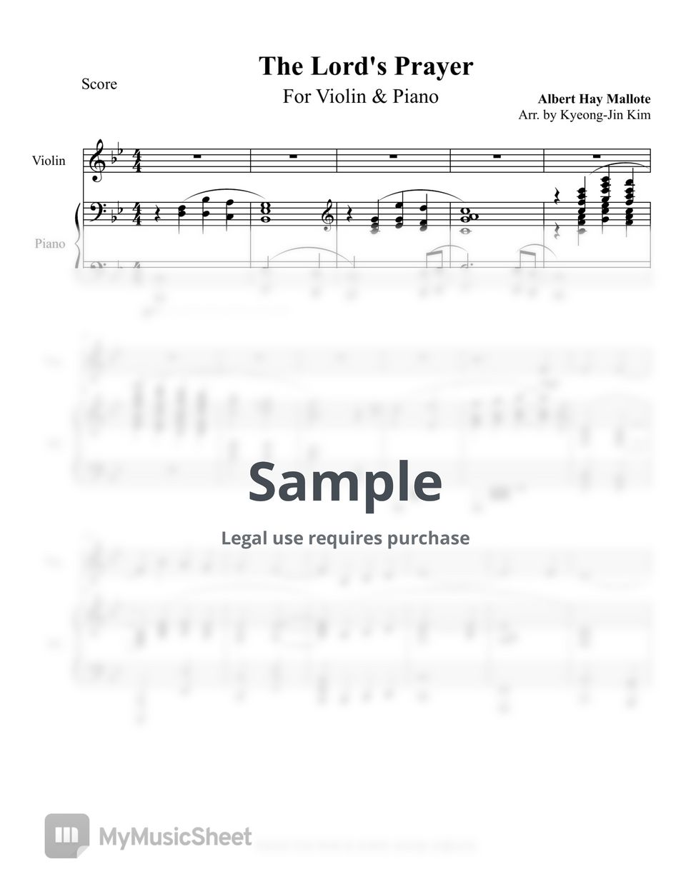 A.H.Malotte - The Lord's prayer(주기도문) (Violin,Piano) 악보 by Pianist Jin