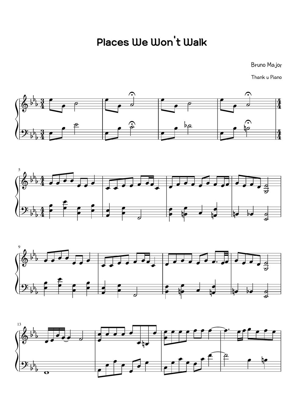 Bruno Major Places we won't walk Piano sheet Sheets