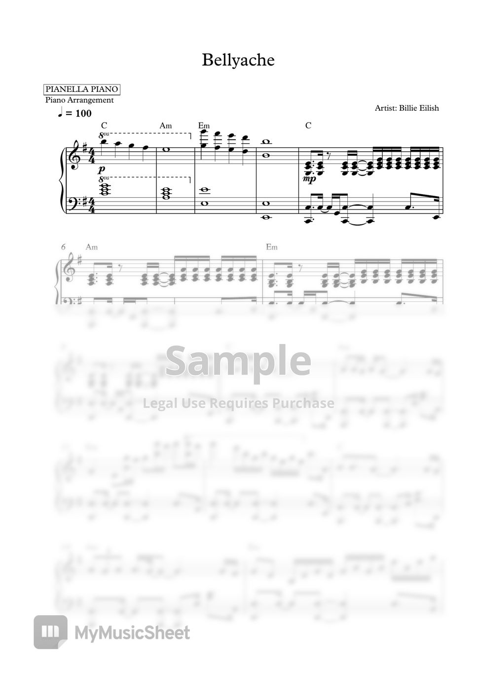 Billie Eilish - Bellyache (Piano Sheet) by Pianella Piano