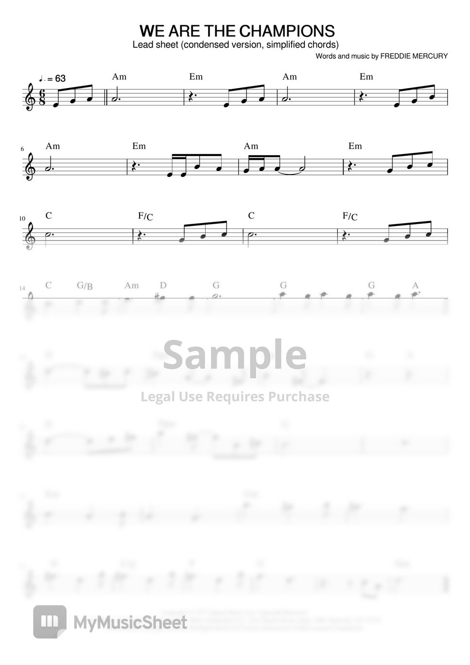 Queen we are the champions simple chords sheets by easypianotutorials