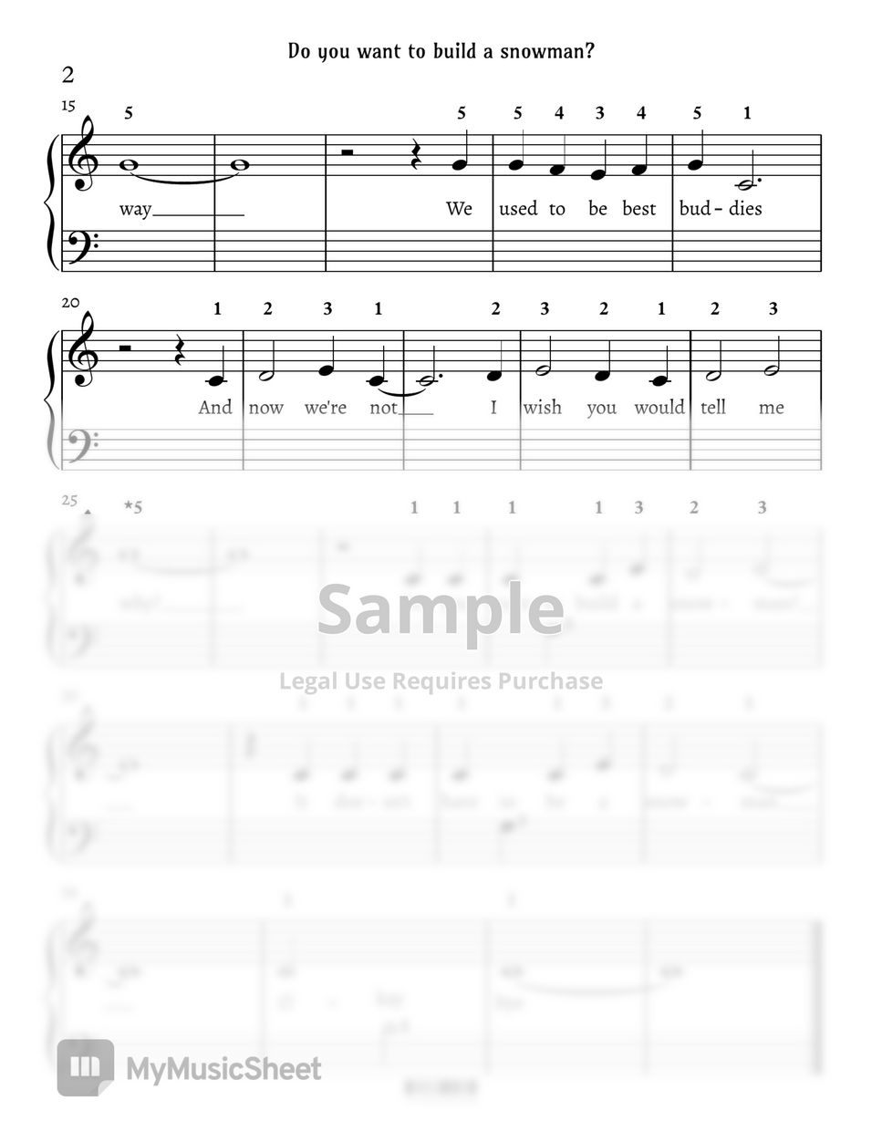 Frozen - [Level 1] Do you want to build a snowman?  Piano Arrangement in C  major + MIDI file (Disney) Sheets by PianoSSam