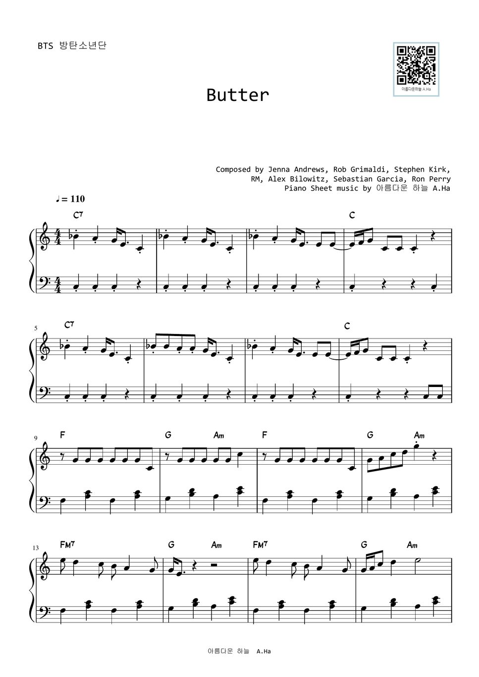 防弾少年団(BTS) Butter (Easy Version) 楽譜 by A.Ha