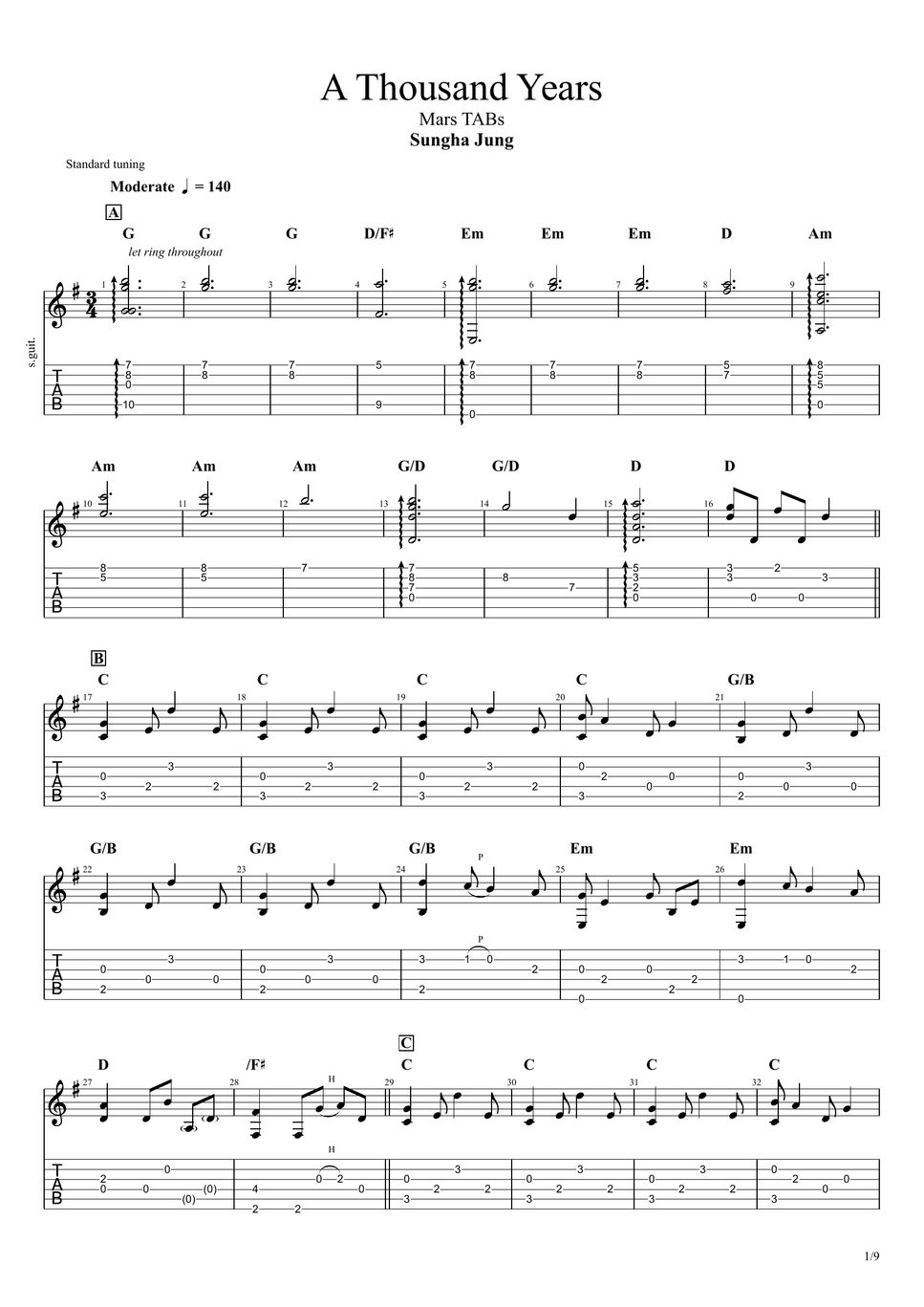 Christina Perri - A Thousand Years (FingerStyle) Tab + 1staff by Mars TABs