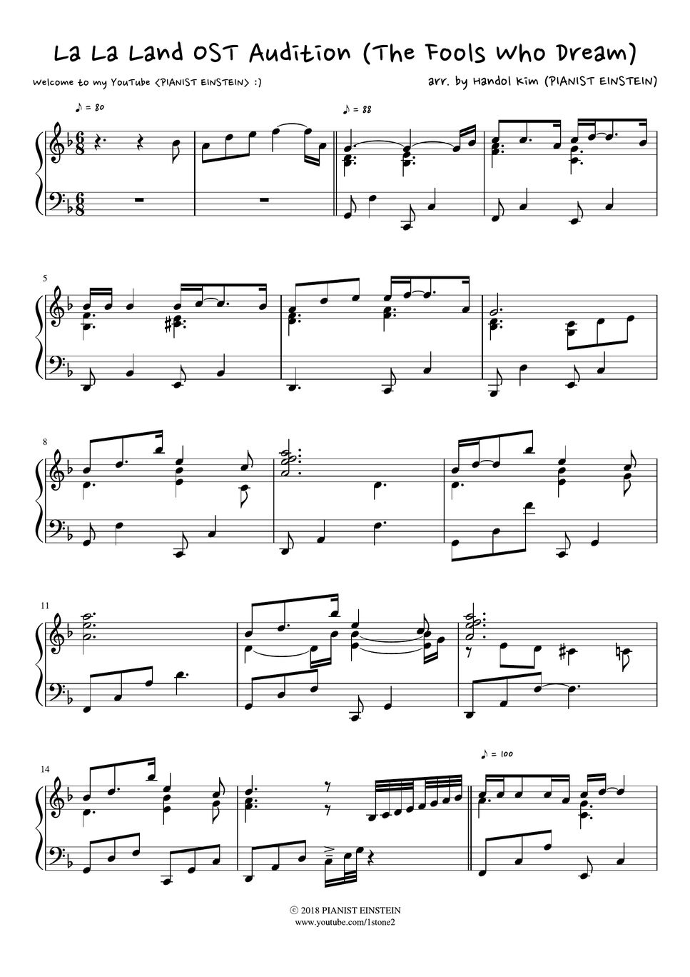La La Land OST Audition The Fools Who Dream Sheet By PIANIST EINSTEIN