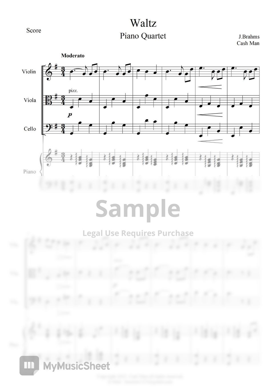 J.Brahms Waltz (Piano Quartet / Part Score / Full Score / Arr.) Sheets by Cash Man