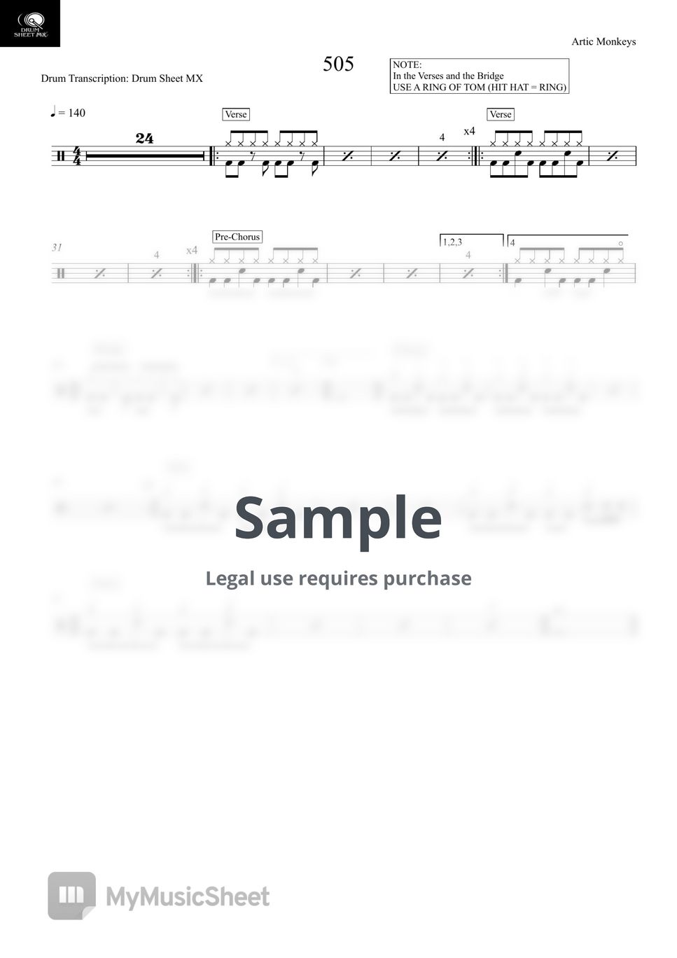 Artic Monkeys - 505 Sheets by Drum Transcription: Drum Sheet MX