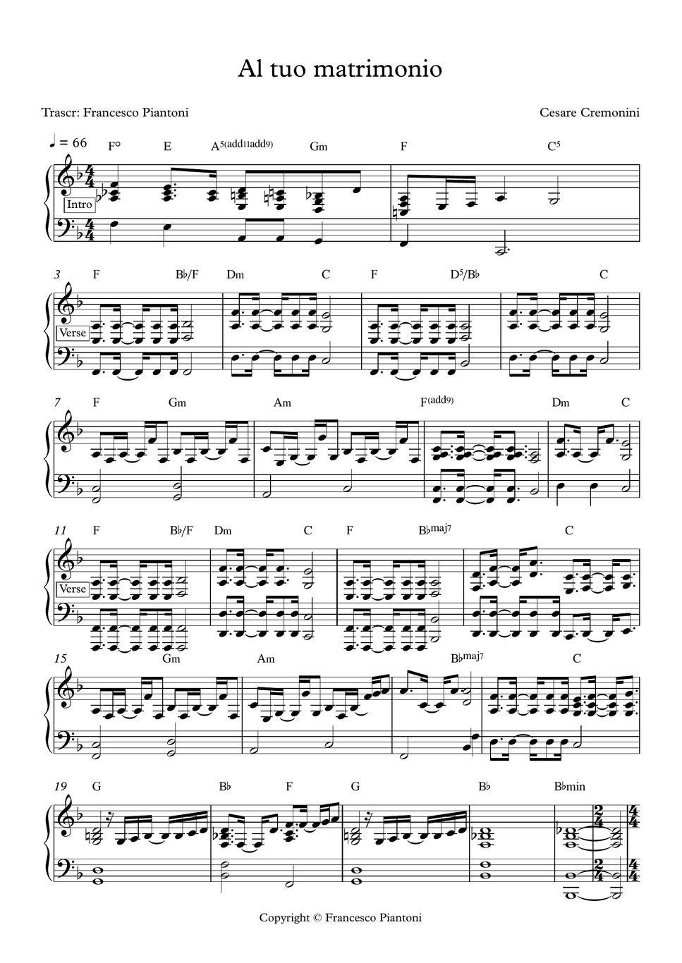 Al tuo matrimonio (Cesare Cremonini) Sheets by Francesco Piantoni