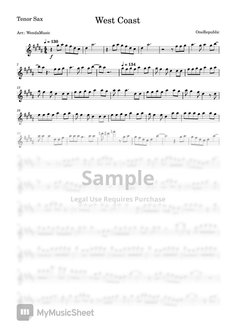 OneRepublic West Coast (Tenor Sax) Sheets by WendaMusic