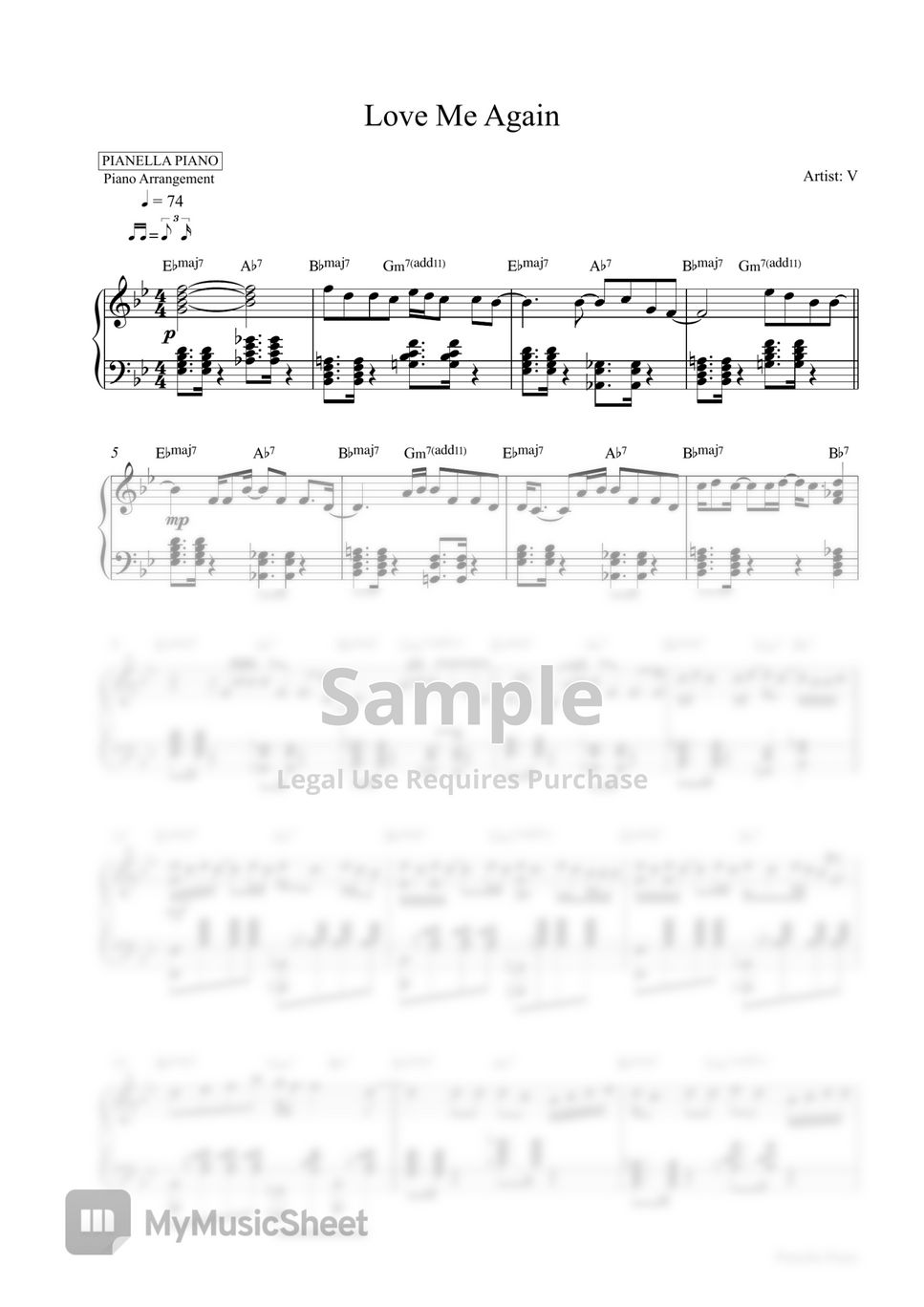 V - Love Me Again (Piano Sheet) by Pianella Piano