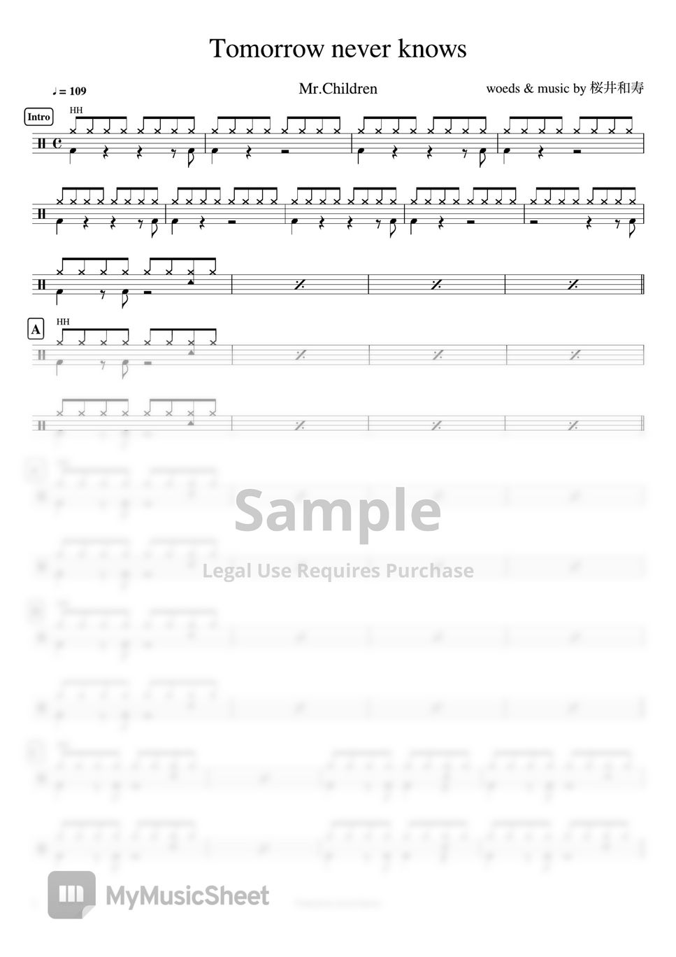Mr.Children - Tomorrow never knows by Cookai's J-pop Drum sheet music!!!