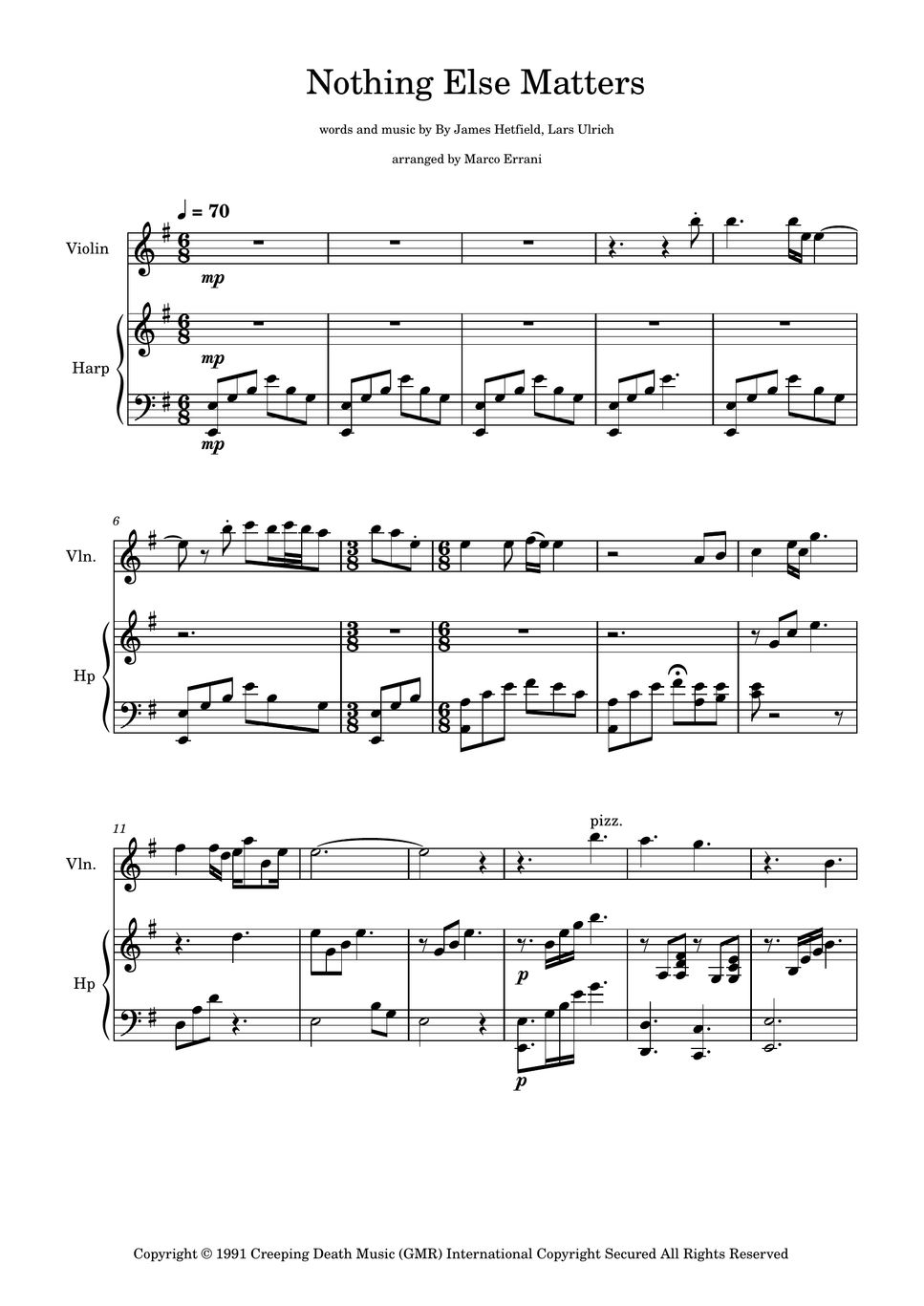 Metallica Nothing Else Matters Sheet By Marco Errani