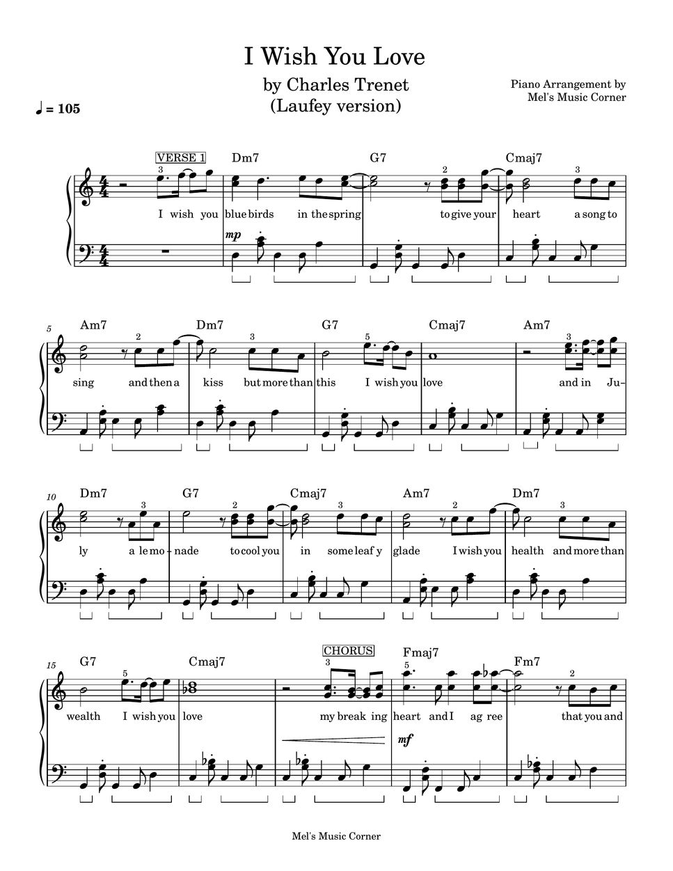 Charles Trenet - I Wish You Love - Laufey version (piano sheet music) by Mel's Music Corner