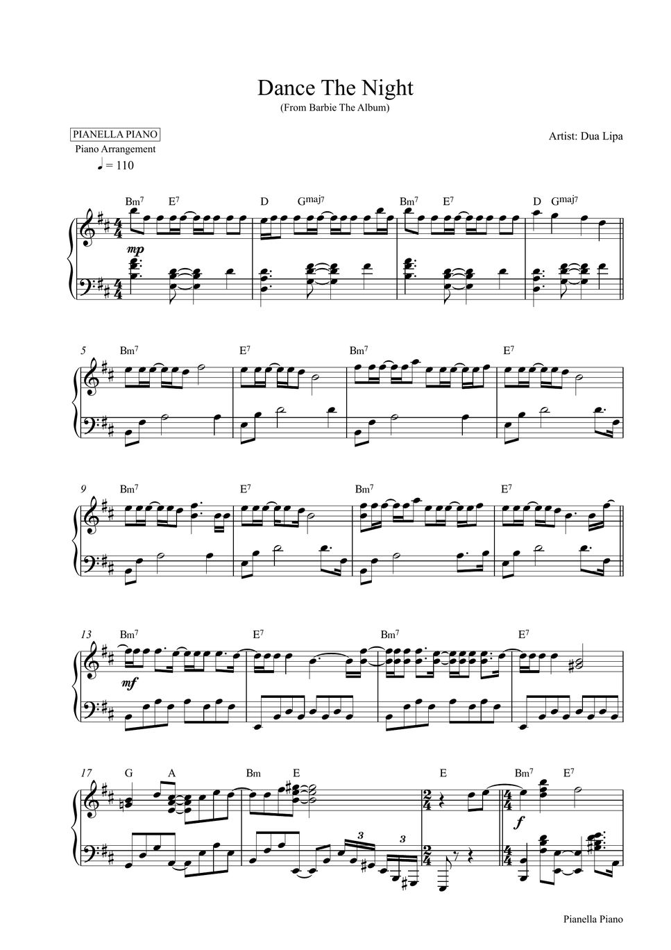 Dua Lipa - Dance The Night (Piano Sheet) Partitura by Pianella Piano