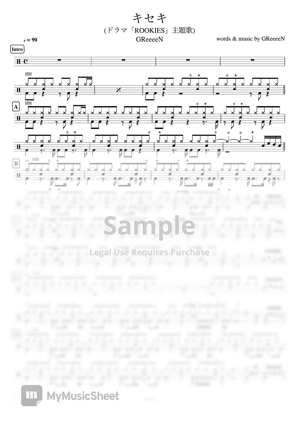 GReeeeN - KISEKI / キセキ(TV series「ROOKIES」OP) 楽譜 by Cookai's J-pop Drum  sheet music!!!