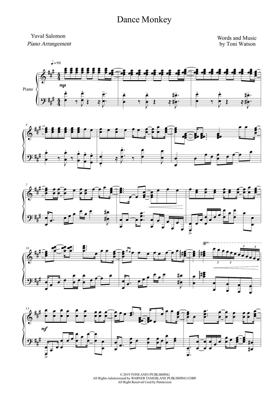 TONES AND I DANCE MONKEY Sheet by Yuval Salomon